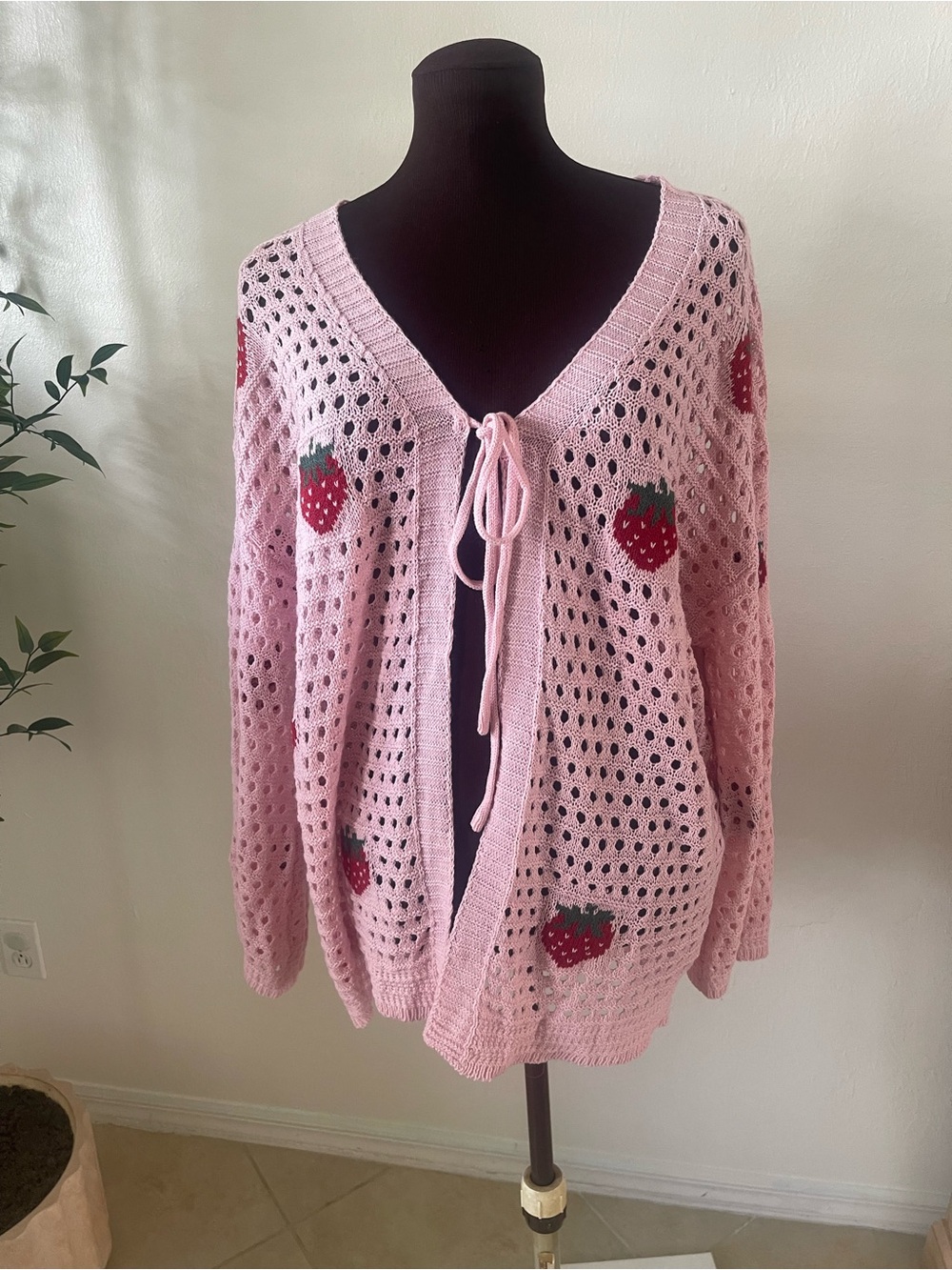 BloomChic Pink Crochet Tie-Front Strawberry Cardigan cozy sweater - Picture 2 of 7